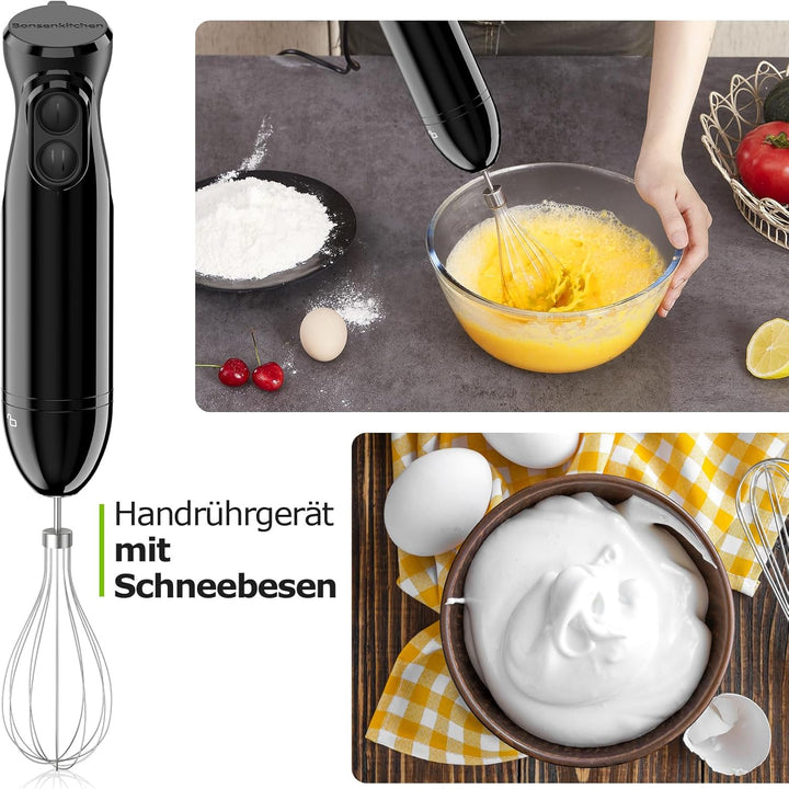 Bonsenkitchen 3 in 1 Elektrischer Stabmixer, 1000W Pürierstab mit Schneebesen/Messbecher, Stufenlose