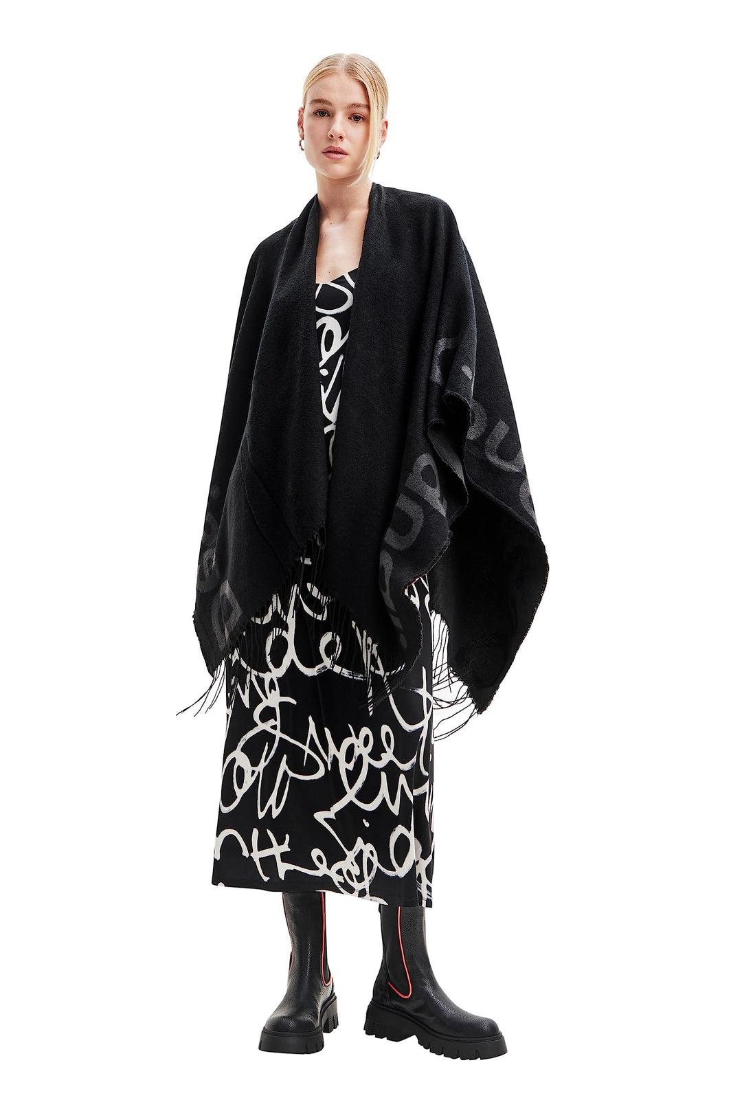 Desigual Women's Poncho_Logo Paris, Black, One Size