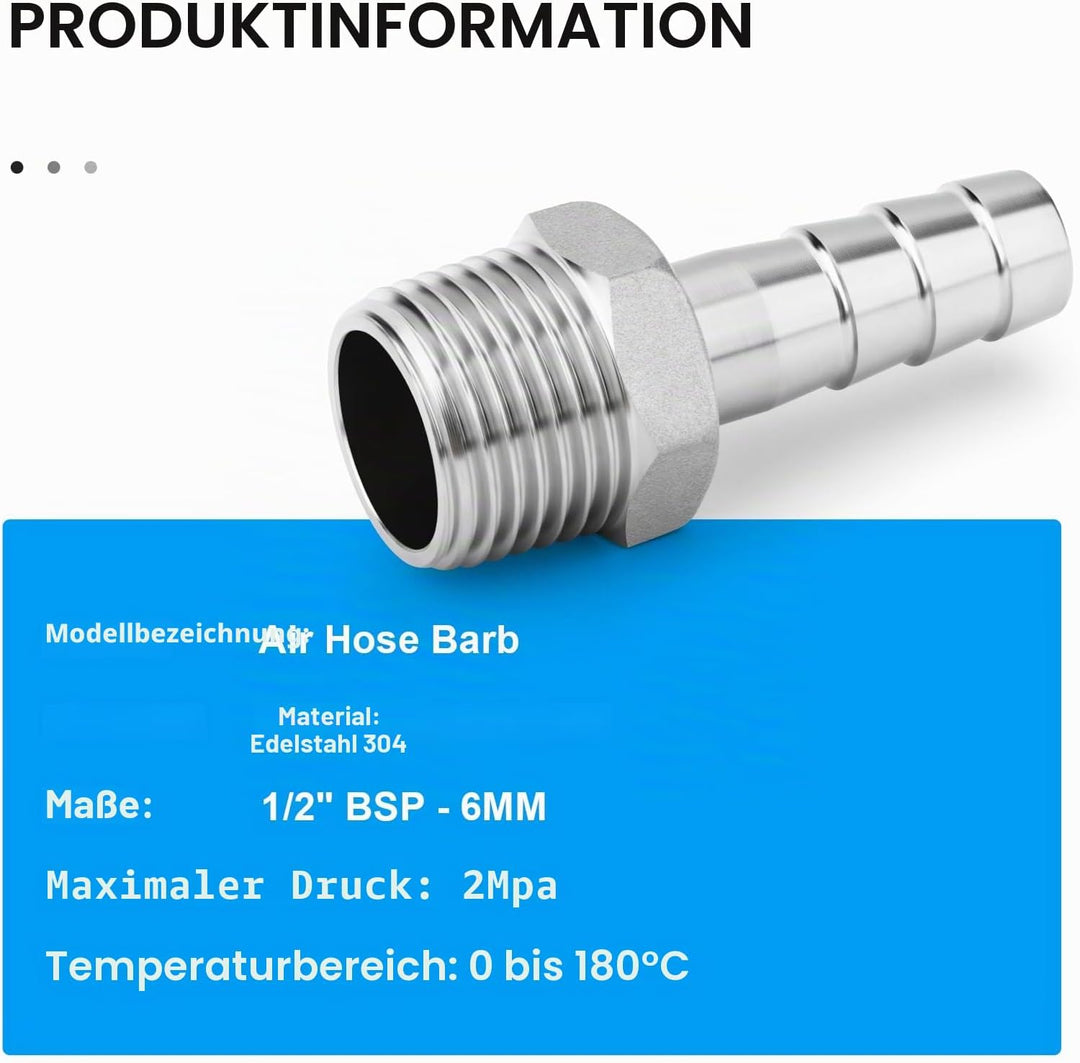 ERGAOBOY 10 Stück 304 Edelstahl 6 MM OD Barb auf 1/2" BSP männlich Schlauch Barb, Kompression Fittin