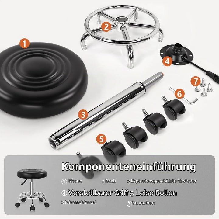 KKTONER Rollhocker höhenverstellbar 49-64cm mit Fussstütze drehbar aus Kunstleder Schwarz