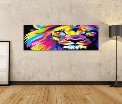 Bild auf Leinwand Bunter Löwe Wandbild Poster Kunstdruck Bilder Format: 120x40cm - Panorama, Format: