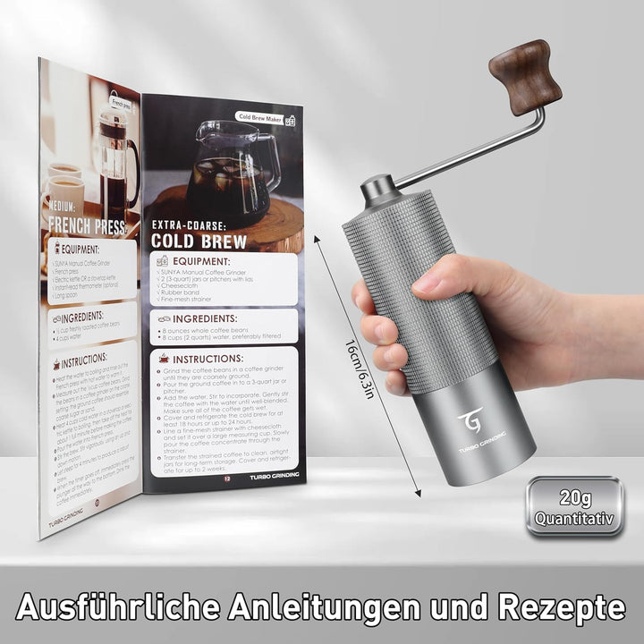 SUNYA Kaffeemühle Manuell mit Kaffeerezeptbuch - Edelstahl Handkaffeemühle mit Kegelmahlwerk Mahlgra