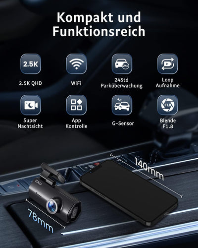 Dashcam Auto, GKU Dashcam Vorne 2.5K 1600P WiFi Auto Kamera 170° Weitwinkel Mini Front Dash Kamera m