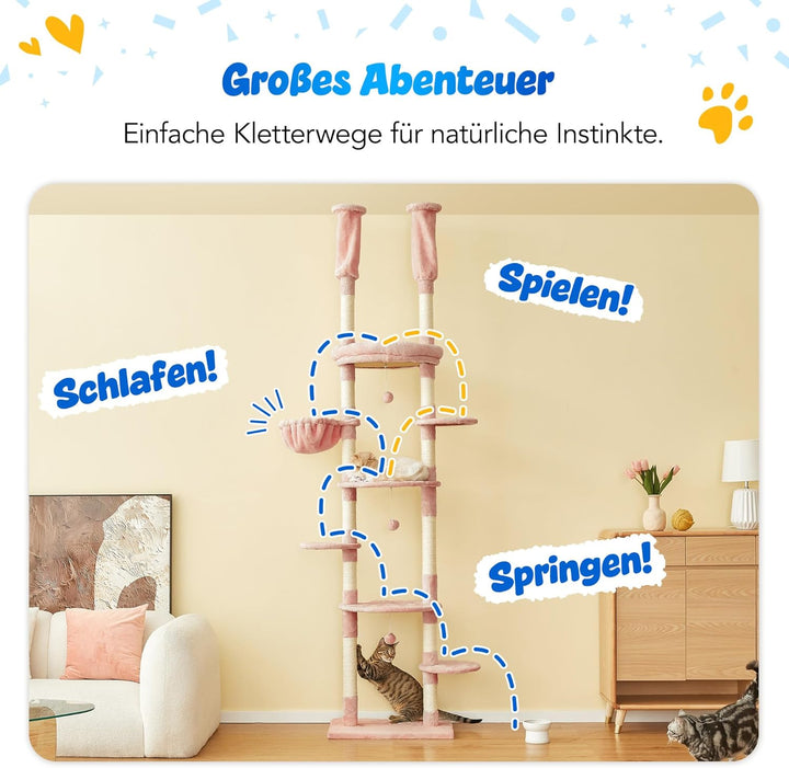 Deckenhoher Katzenbaum 234-259 cm höhenverstellbar, 2-Säulen-Design mit 12 Sisal-Pfosten, mehrstöcki