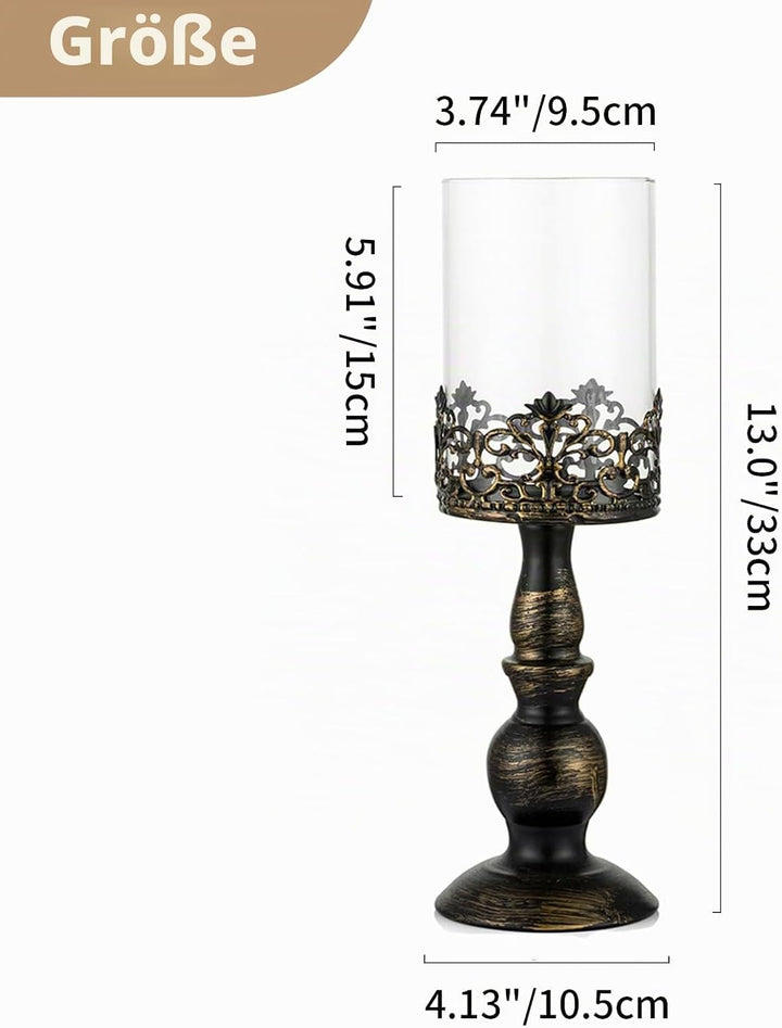 NUPTIO 2 Stück Vintage Kerzenhalter für Tische Kerzenhalter aus Schwarzer Säule mit Glasschirmabdeck