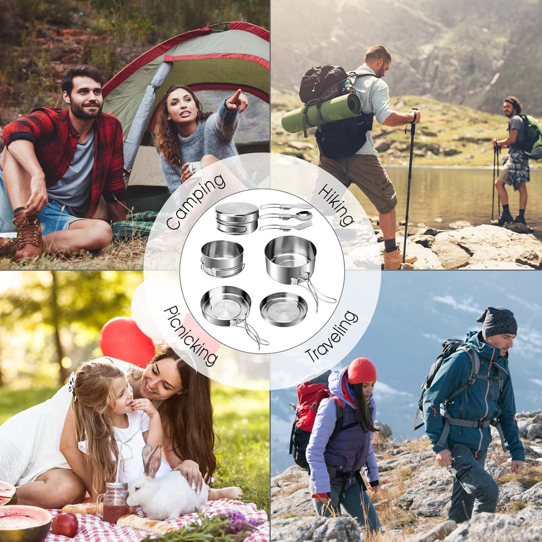 7 St¨¹ck Edelstahl Camping Kochgeschirr Set, Outdoor Kochgeschirr mit Faltbare Besteck, 1-2 Personen