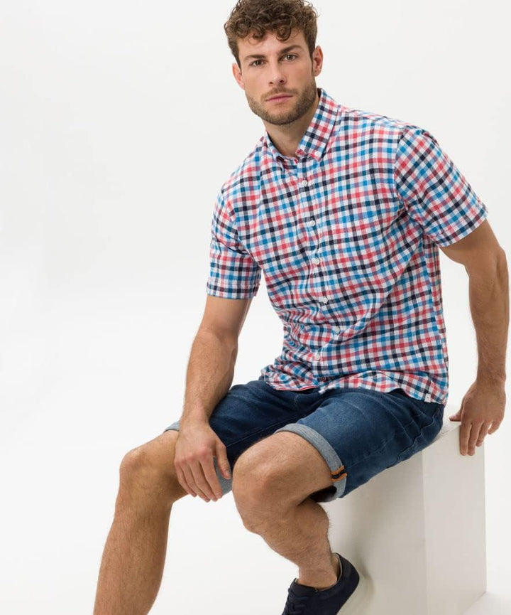 BRAX Herren Style Dan C Cotton Linen Slub Kariertes Kurzarmhemd Hemd XL Ocean, XL Ocean