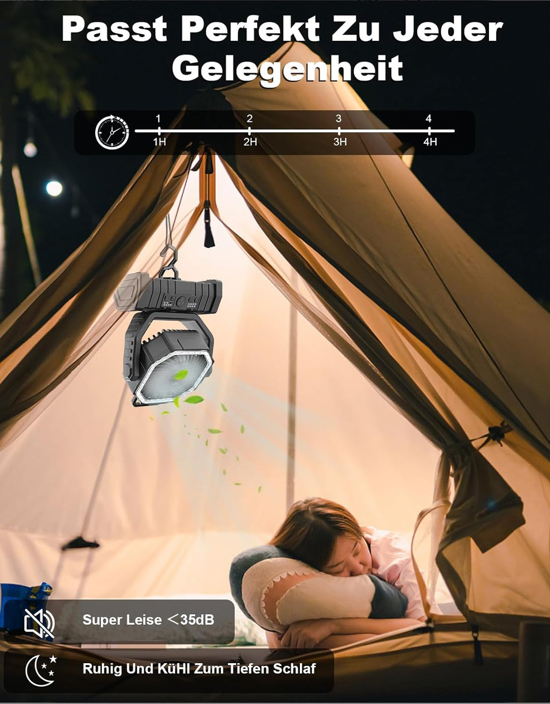 Richday Camping Ventilator 20000mAh Leise Ventilator 4 Geschwindigkeiten 270°Drehung Tischventilator