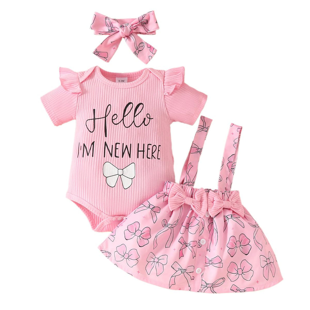 Neugeborenes Baby Mädchen Röcke Sets Kurzarm Rüschen Top + Bedrucktes Overalls Hosenträger Kleid + S