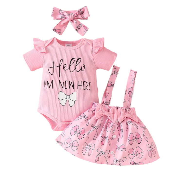 Neugeborenes Baby Mädchen Röcke Sets Kurzarm Rüschen Top + Bedrucktes Overalls Hosenträger Kleid + S
