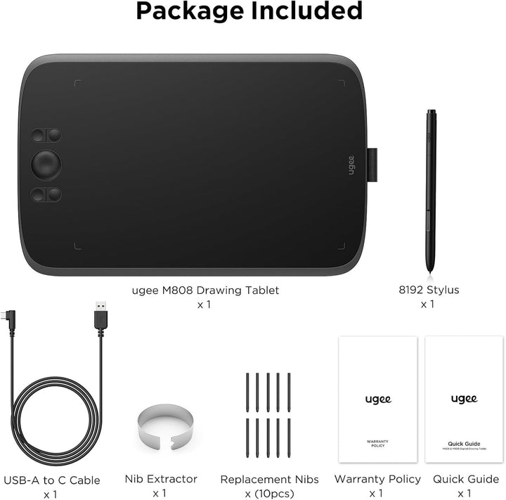 ugee M808 10x6,25 Zoll grosses Grafiktablett für PC,Zeichentablett mit 8 Shortcut-Tasten, batterielo