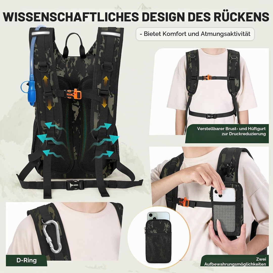 RAINSMORE Wanderrucksack 18L mit 2L Blase &amp; Regenschutz | Leichter Trinkrucksack für Laufen, Radfahr