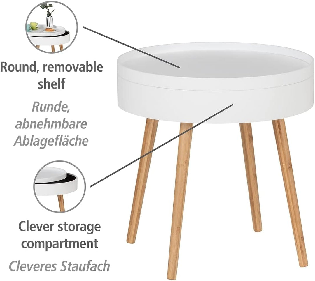 WENKO Beistelltisch Finja, moderner runder Couchtisch mit Tablett & Staufach, Scandi Chic Nachttisch