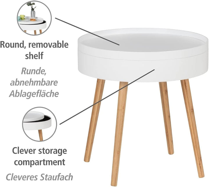 WENKO Beistelltisch Finja, moderner runder Couchtisch mit Tablett & Staufach, Scandi Chic Nachttisch
