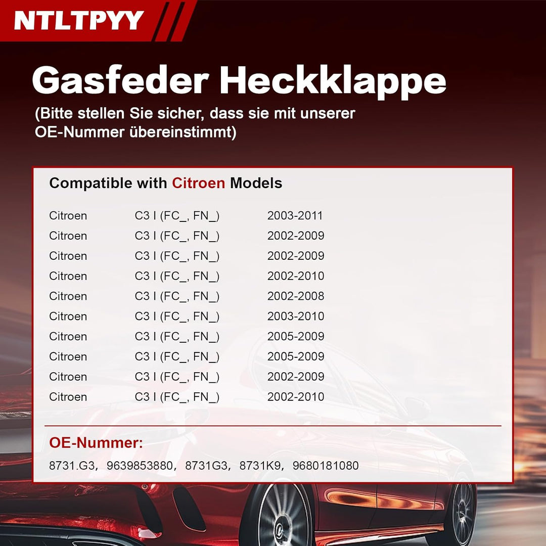 2pcs Gasdruckfeder kompatibel mit Citroen C3 I 2002-2011, Exakte 420N Heckklappendämpfer für sanftes