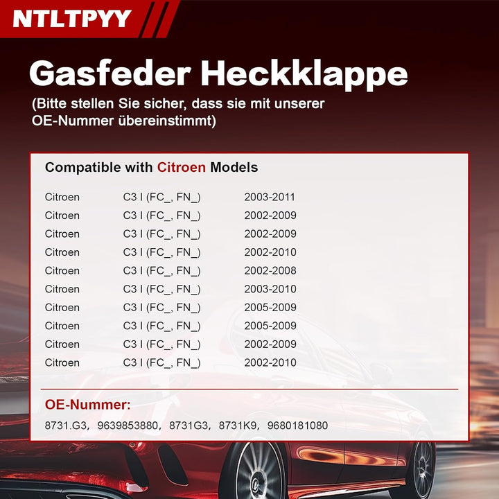 2pcs Gasdruckfeder kompatibel mit Citroen C3 I 2002-2011, Exakte 420N Heckklappendämpfer für sanftes