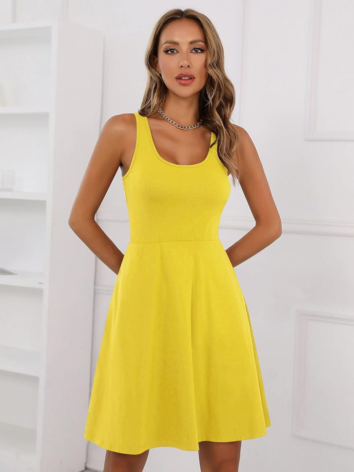 Missufe Damen Sommerkleid Minikleid Rockabilly Freizeitkleid Skaterkleid Kurzes Tank Kleider M Gelb,