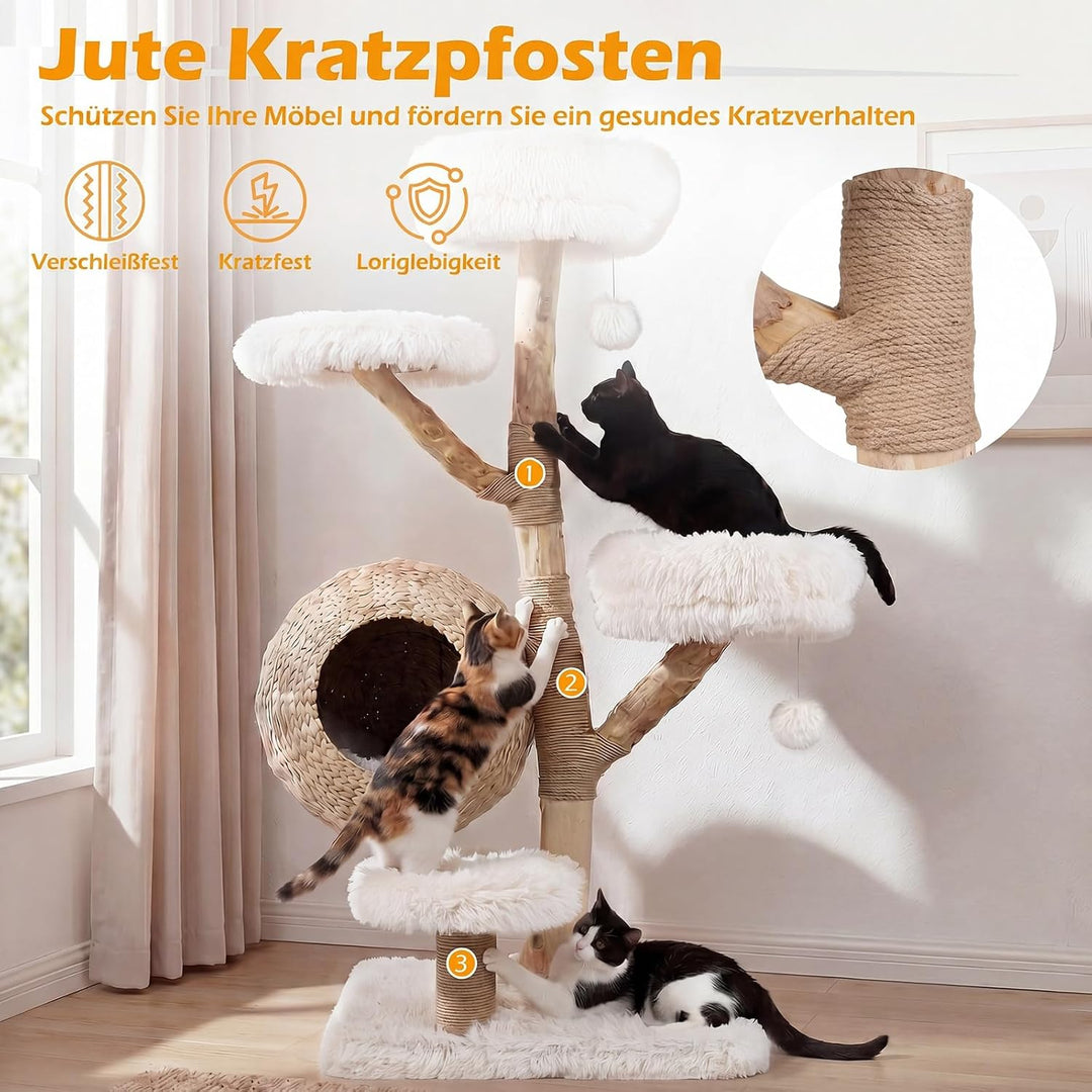 COSTWAY Kratzbaum Holz, 134 cm hoch, Katzenbaum mit Katzenkorb (Weiss) | Katzenturm mit 4 Plüschsitz