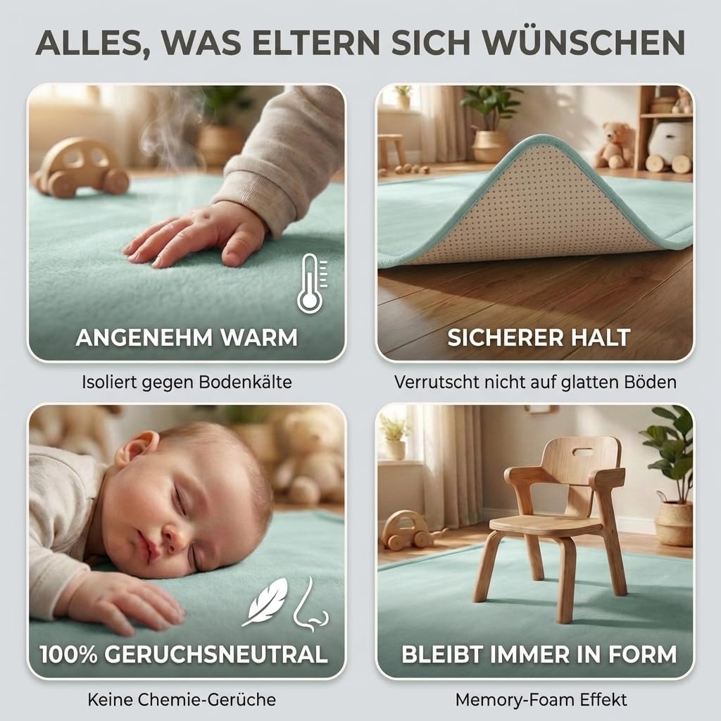 BabybeFun Krabbelmatte Baby - kuschelig weich - 3cm Dicke Spielmatte - schützt vor Stössen - Teppich