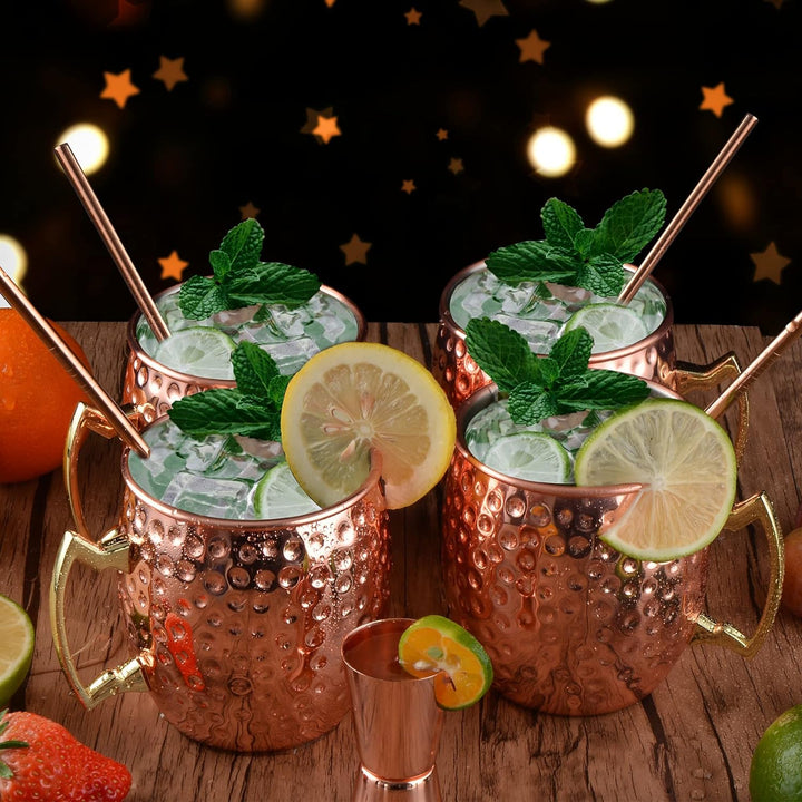 Yoassi Moscow Mule Becher, 4er Set Kupferbecher Moscow Mule Mug Kupfer Becher ink. 4 x Silkon Unters