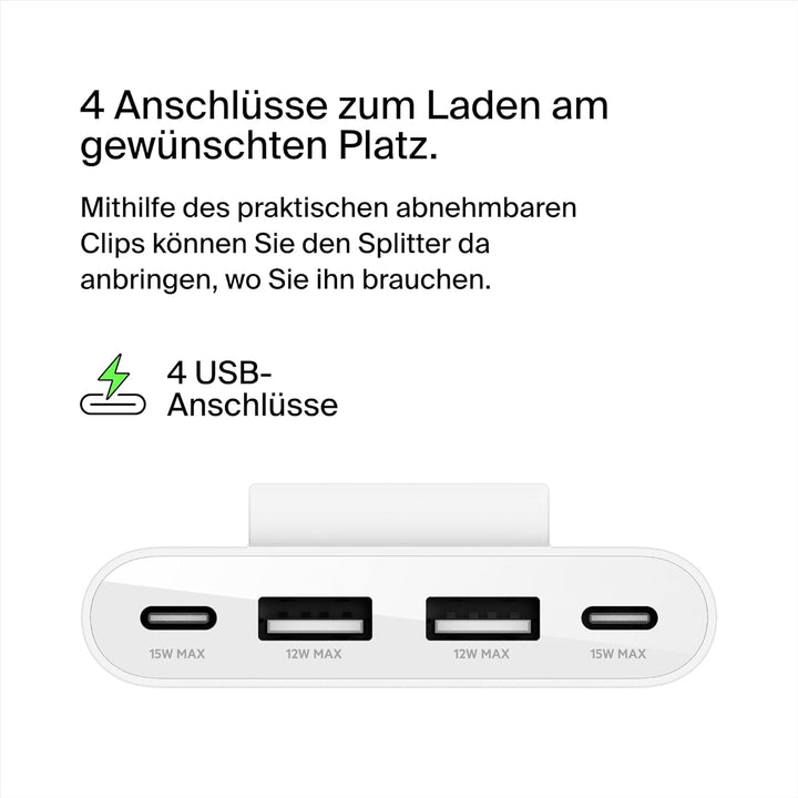 Belkin 4-Port USB-Splitter mit 2-m-Kabel, 2 USB-C- und 2 USB-A-Ports, USB-Adapter mit 30 W Leistung,