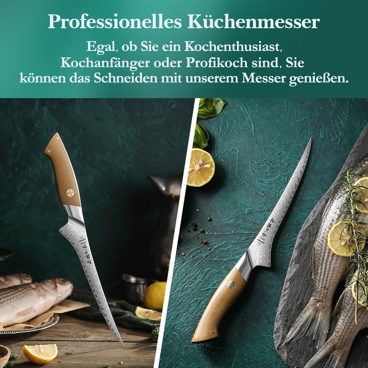 HEZHEN Damaststahl Filetiermesser, Professionelles Fischmesser, Damast Ausbeinmesser Profi, Full Tan