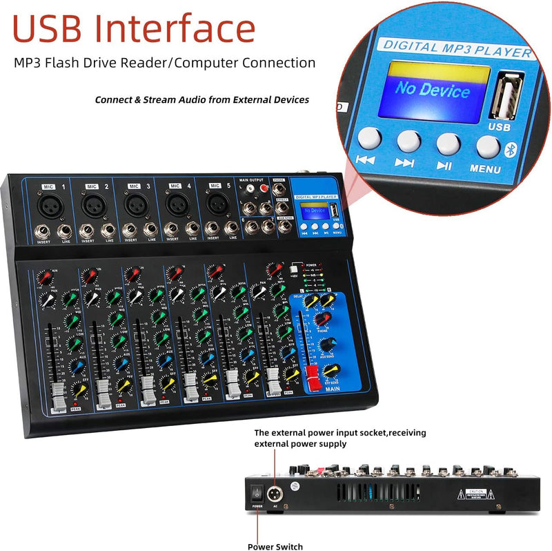 Depusheng HT7 Tragbarer Bluetooth-Audio-Mixer mit USB-DJ-Sound-Mischpult MP3-Buchse 48-V-Stromversor