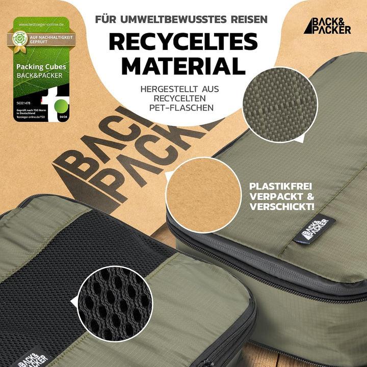 BACK&amp;PACKER® Packing Cubes mit Kompression 4-teilig - Packtaschen Set aus recyceltem Material - Leic