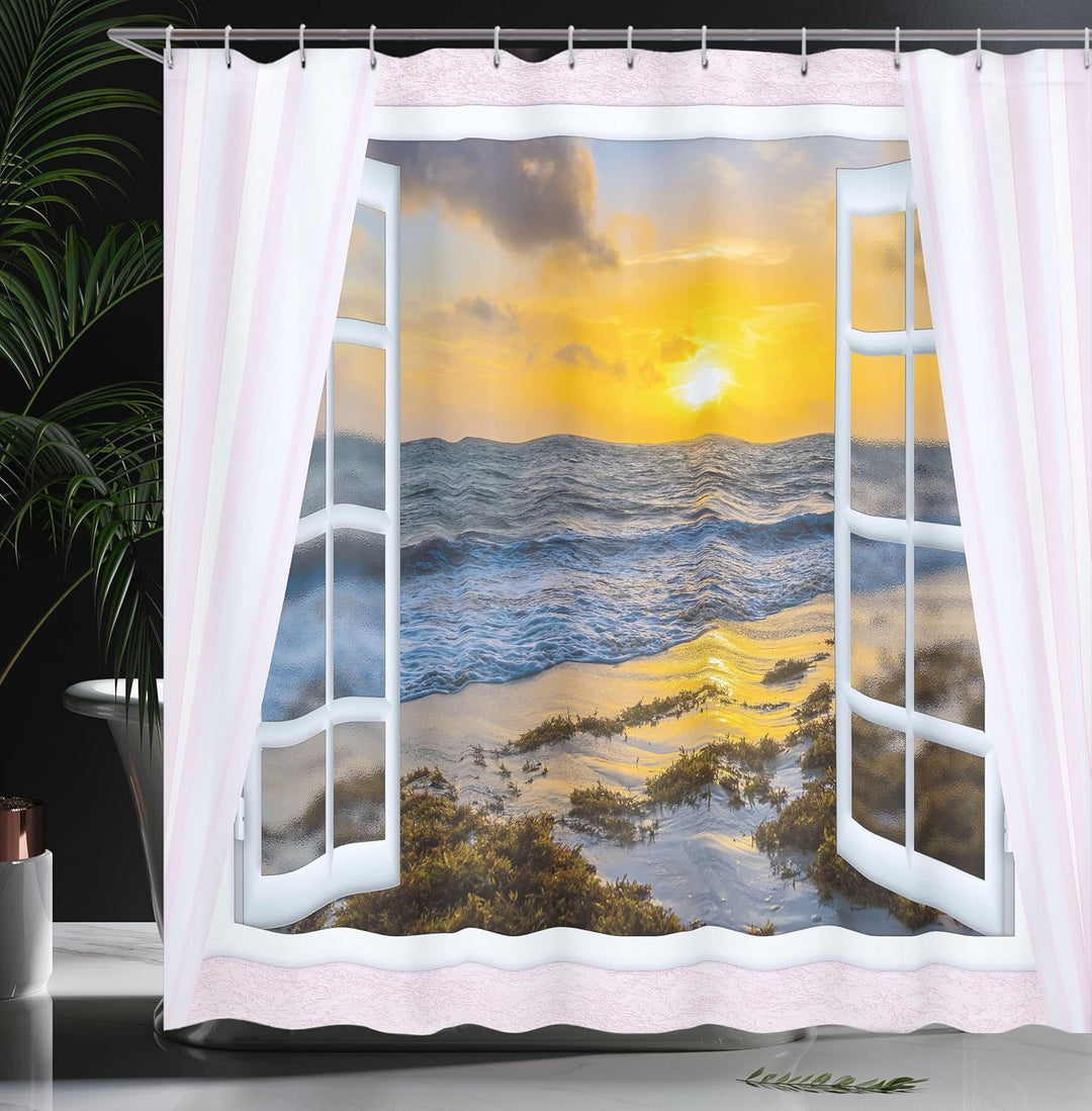 ABAKUHAUS Küsten Duschvorhang, Open Window Sonnenaufgang Meer, Stoffliches Gewebe Badezimmerdekorati