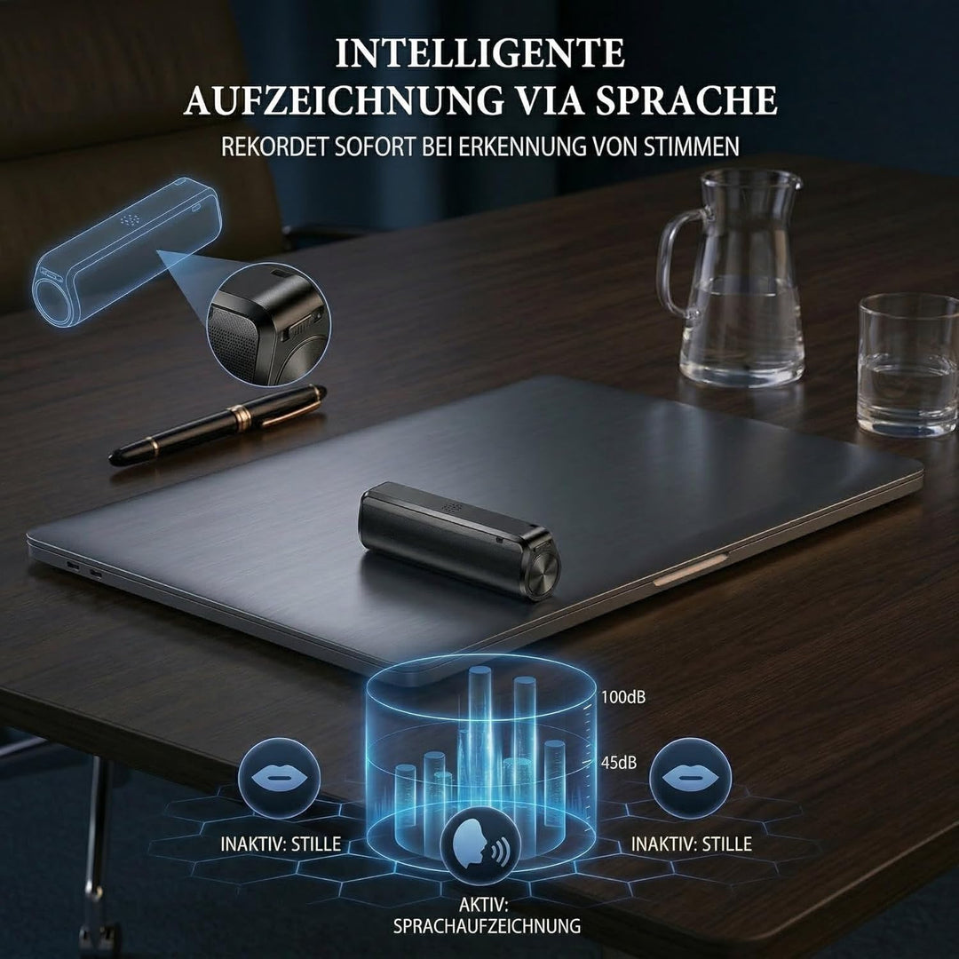 Diktiergerät mit Transkription, KI-Schreibfunktion, 30 Tage Daueraufnahme, 64 GB, Magnetische Befest