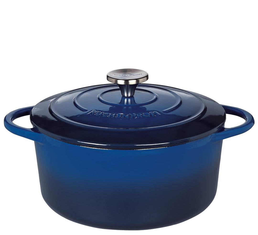 Küchenprofi Gusseisen Bräter mit Deckel, blau/innen schwarz , 24 cm, Schmortopf, Auflaufform, Dutch