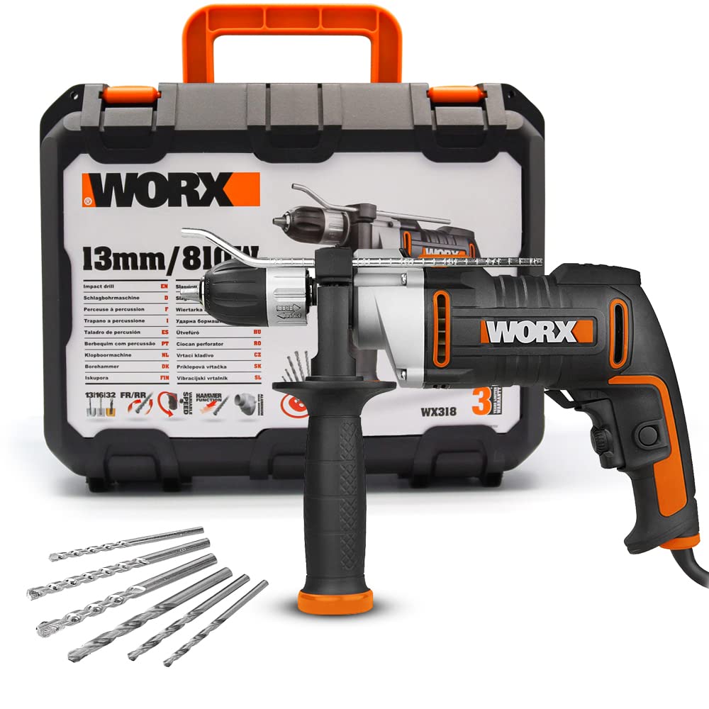 WORX WX318 Schlagbohrmaschine 810W mit robustem Metall-Getriebegehäuse, stufenloser Drehzahlregulier