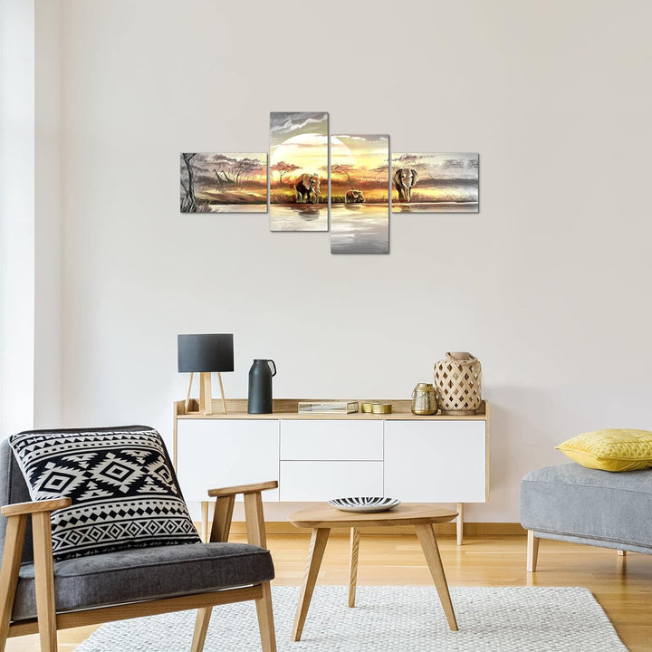 Runa Art Bild Modern Afrika Elefant - Made in Germany - Wandbilder Landschaft Grau Gelb 4 Teilig 000