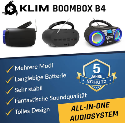 KLIM B3 Tragbarer CD Player - NEU 2023 - FM Radio, CD, MP3, Bluetooth, AUX, USB, RGB LED - CD Boombo