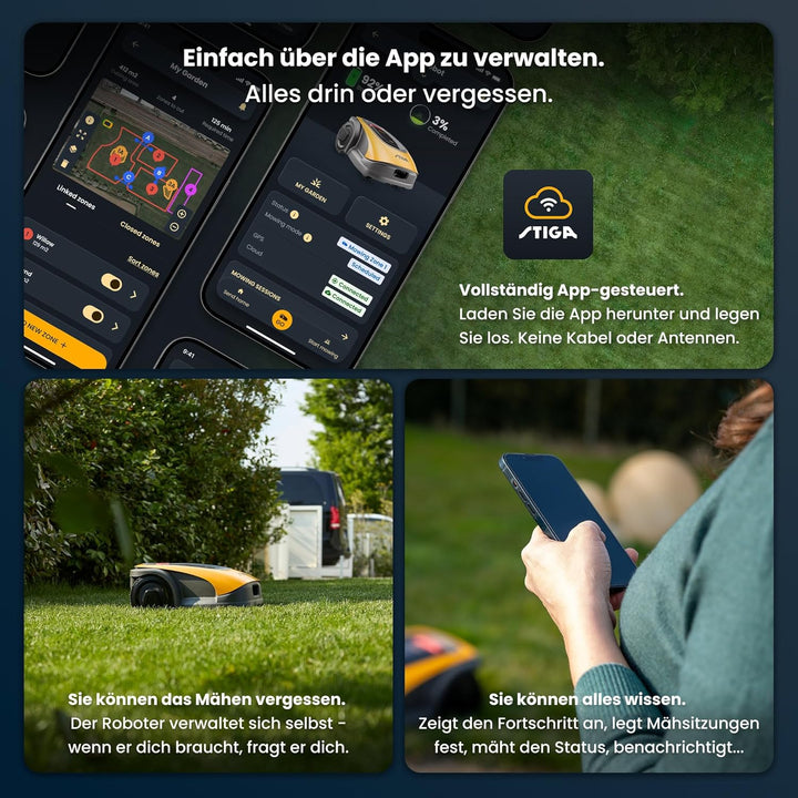 STIGA A1000 Autonomer Rasenmäher Roboter. Mähroboter ohne Begrenzungskabel (max. 1400m2). App-Steuer