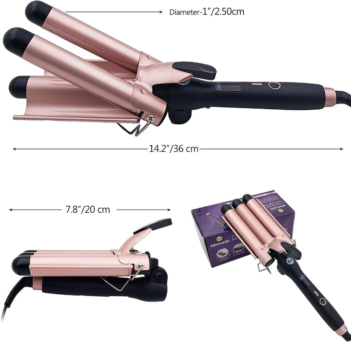 3 Fässer Welleneisen, 25mm Keramik Turmalin Haar Lockenstab Waver Wand mit LCD-Temperaturanzeige, Sc