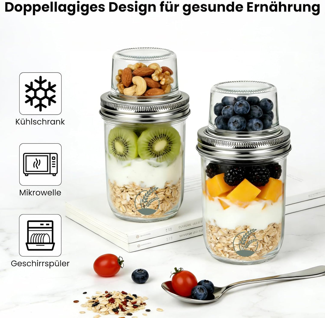 2 Stück Müslibecher to go, 500ml+100ml Joghurtbecher to go, Doppelschicht Auslaufsicherer Overnight
