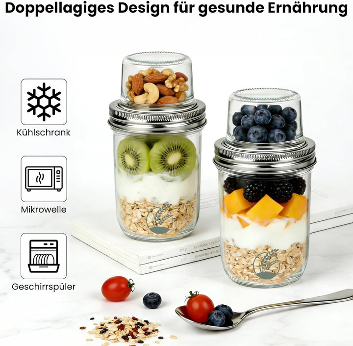2 Stück Müslibecher to go, 500ml+100ml Joghurtbecher to go, Doppelschicht Auslaufsicherer Overnight