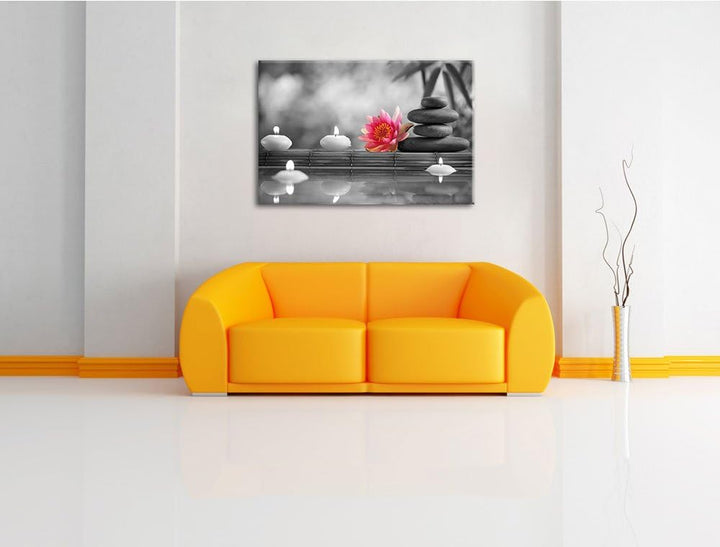Seerose neben Zen Steinen und Kerzen schwarz/weiss Format: 100x70 auf Leinwand, XXL riesige Bilder f