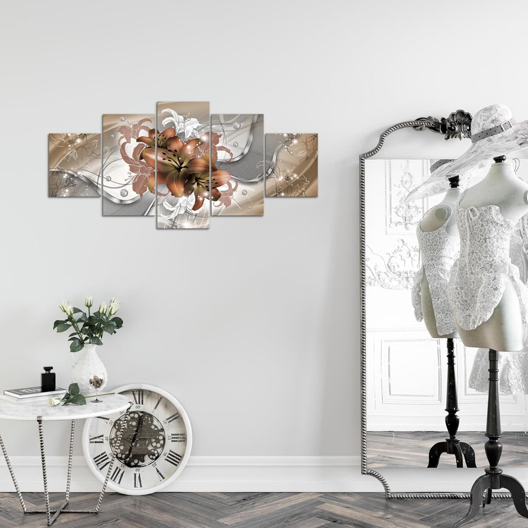 Runa Art Wandbilder Blumen Lilien 5 Teilig Bild auf Vlies Leinwand Deko Wohnzimmer Abstrakt Beige Br