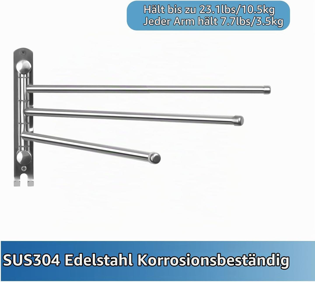JSVER Handtuchhalter Wand,180° Drehung Handtuchhalter mit 3 Armig Schwenkarm Handtuchstange mit Hake