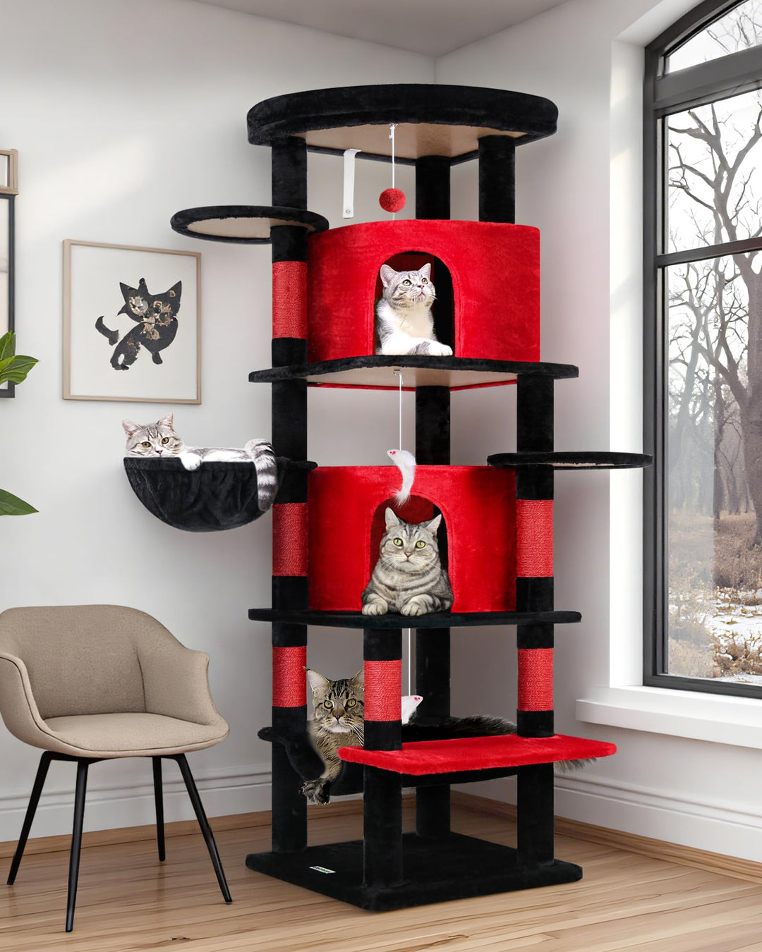 Globlazer Kratzbaum Gotisch Schwarz Rot, Eckkratzbaum Stabil hoch 167 cm mit 2 Sektor Katzenhaus, Ge