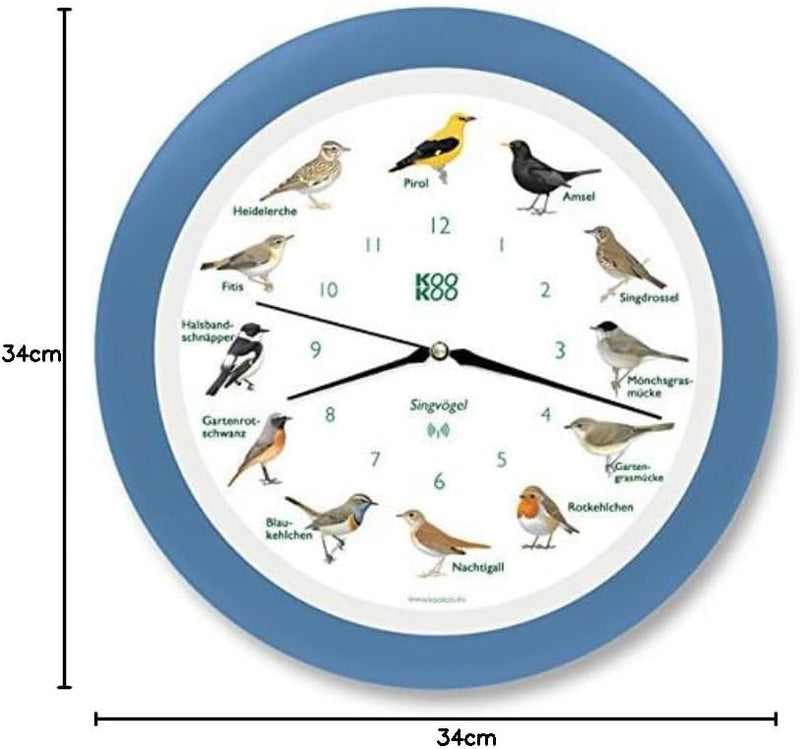 KOOKOO Singvögel Himmel-Blau, Die Singende Vogeluhr, mit 12 heimischen Singvögeln und echten, natürl