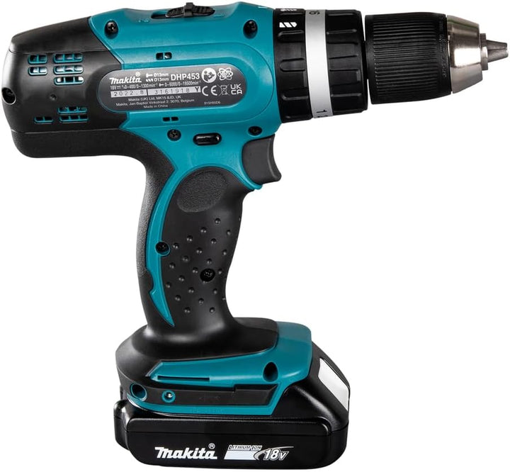 Makita DHP453RFX2 Akku-Schlagbohrschrauber 18 V / 3,0 Ah im Alukoffer + 96tlg. Zubehör-Set, Blau/Sil