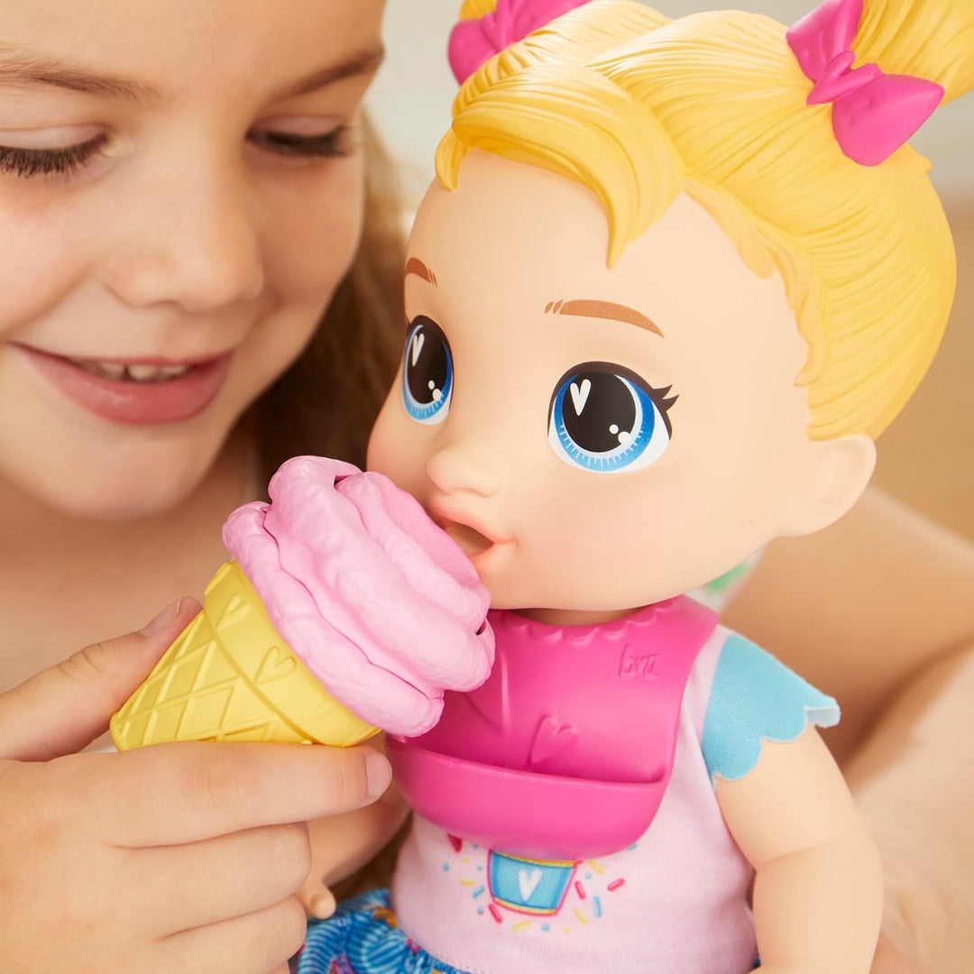 Baby Alive Süsses Schleckerbaby Harper Hugs Puppe mit Spiel-Lebensmitteln, Blonde Haare, 28 cm, Spie