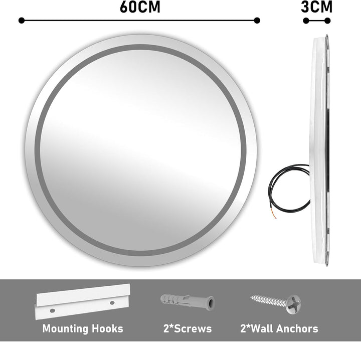 Badezimmerspiegel mit Beleuchtung, 60cm Runder Spiegel mit Beleuchtung, Wandspiegel mit Frontbeleuch