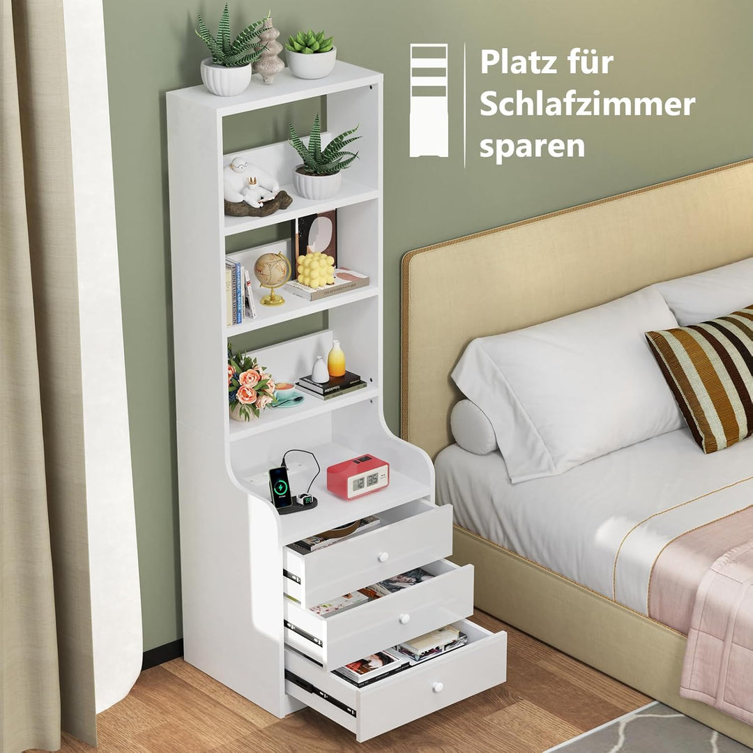 PIPIPOXER Nachttisch Mit Steckdose & USB, Weiss Hochglanz Mit 3 Schubladen, Moderne Für Wohn- Und Sc
