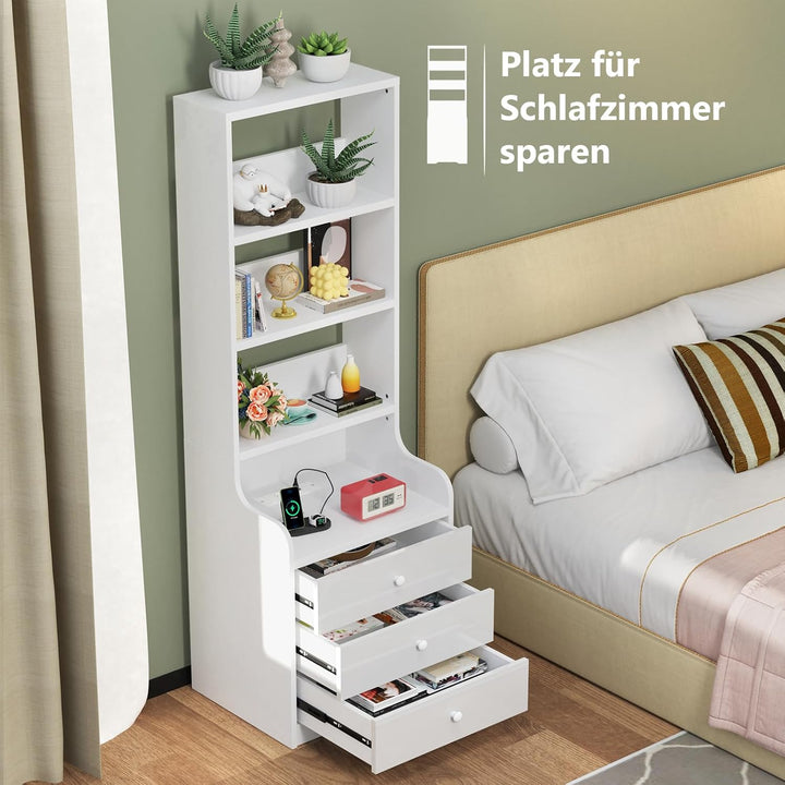 PIPIPOXER Nachttisch Mit Steckdose & USB, Weiss Hochglanz Mit 3 Schubladen, Moderne Für Wohn- Und Sc