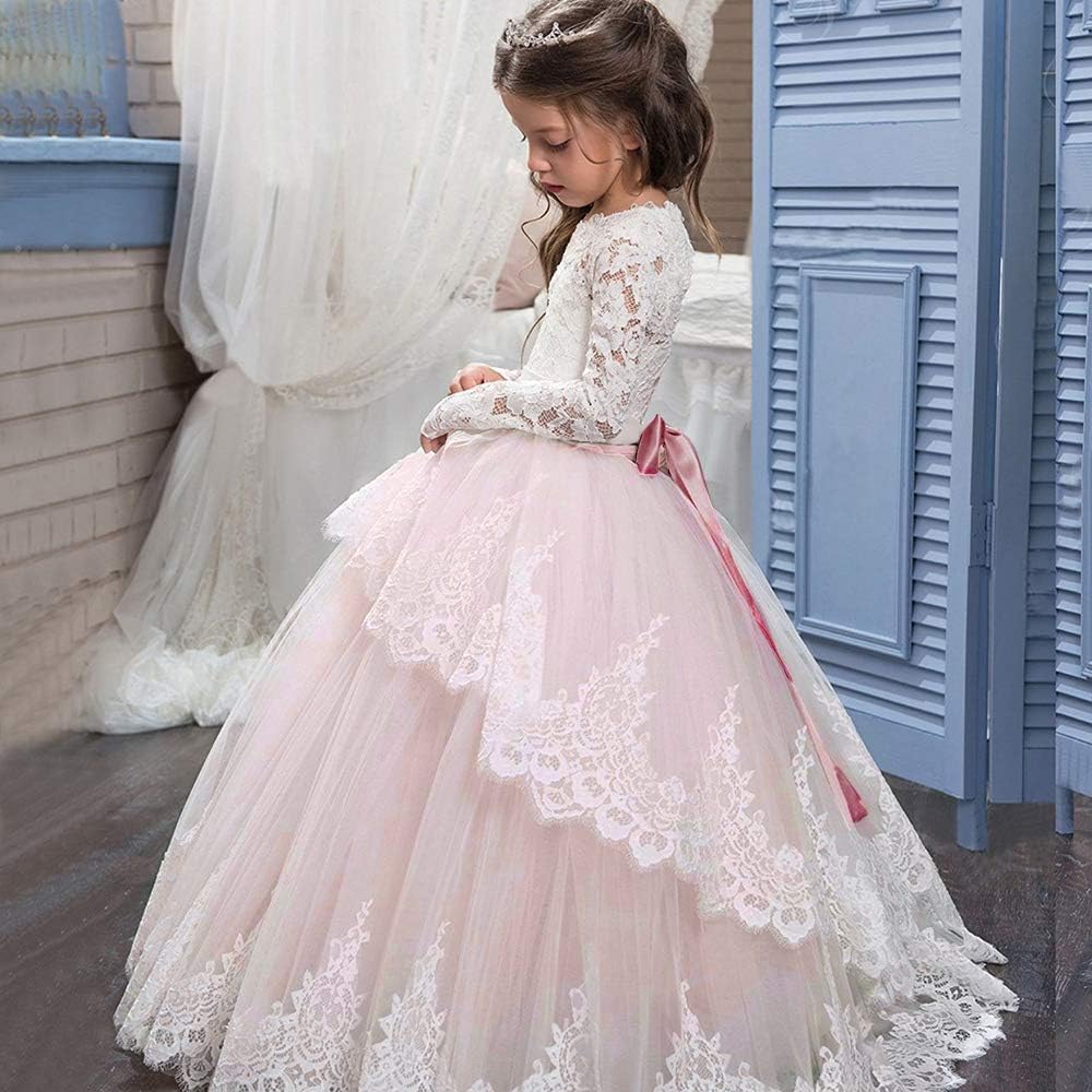 PLWEDDING Spitze Lange Ärmel Blumenmädchen Kleid Prinzessin Tüll Kleid für Kinder Erstkommunion Klei