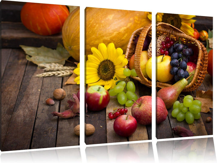 Pixxprint Herbstlicher Obstkorb als Leinwandbild | Grösse: 3 Teilig (120x80) | Wandbild| Kunstdruck